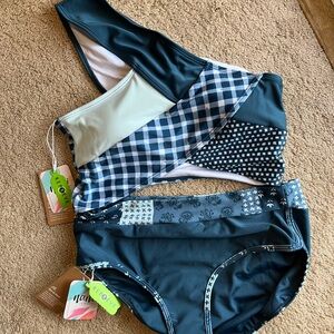 Nani swimwear blue patchwork midi bikini NWT